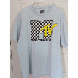 MTV Brand Classic T-Shirt Adult XL Light Blue Retro Logo Comfort Stretch Cotton